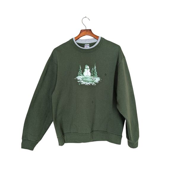 Vintage Jerzees 90s Women’s Snowman Christmas Sweatshirt Green Crewneck Size L - Picture 1 of 10